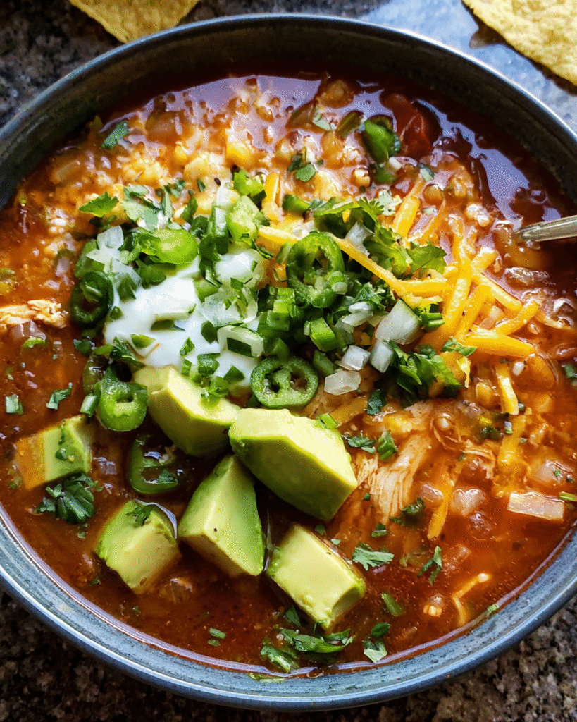 Spicy tortilla soup with chicken and toppings in a bowl