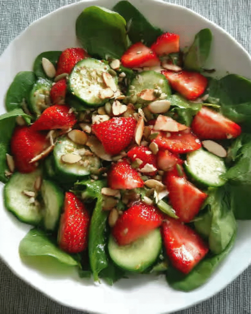 Strawberry Cucumber Spinach Salad in a large serving bowl