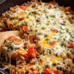 Stuffed Bell Pepper Skillet with ground beef, rice, and melted cheese