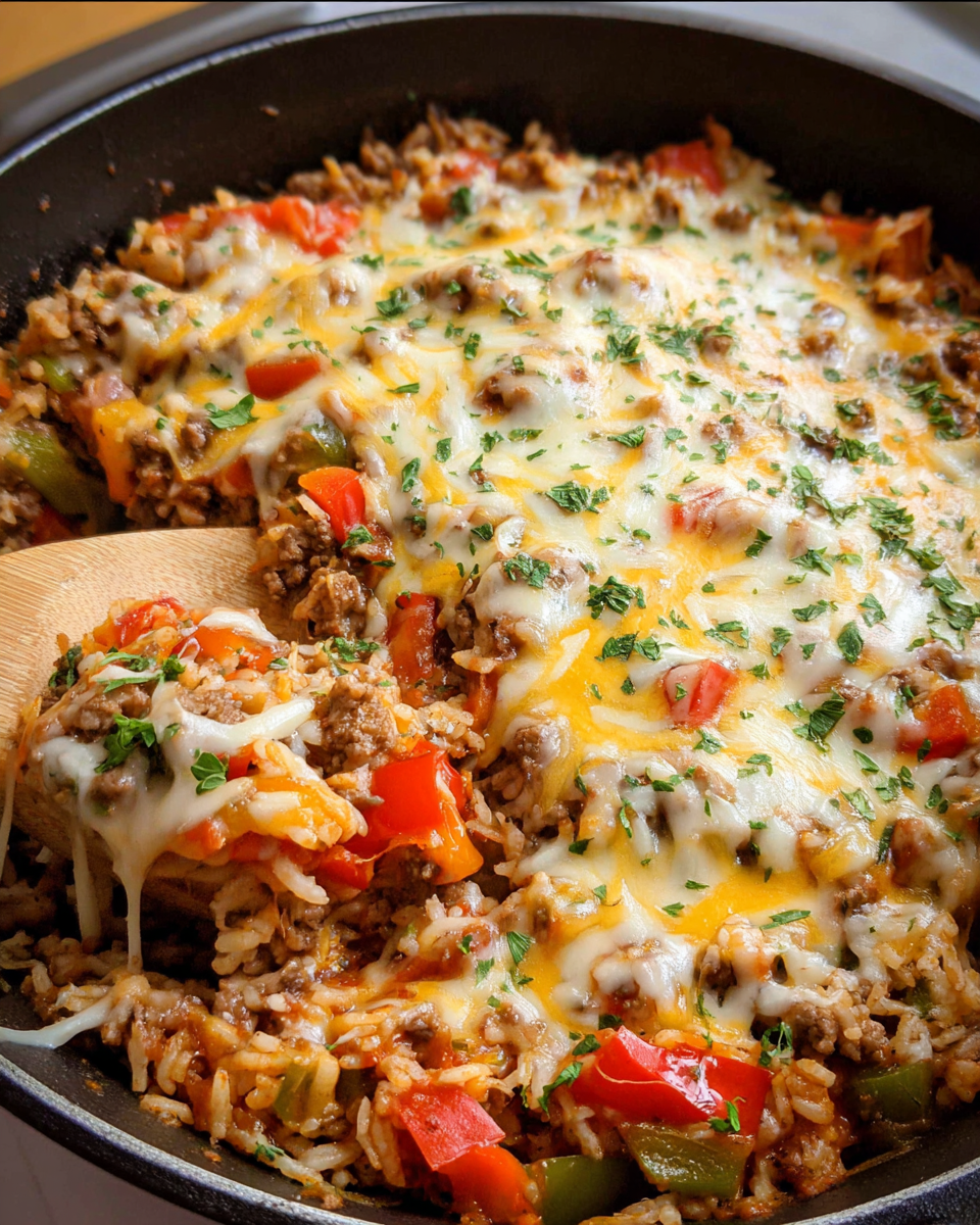 Stuffed Bell Pepper Skillet with ground beef, rice, and melted cheese