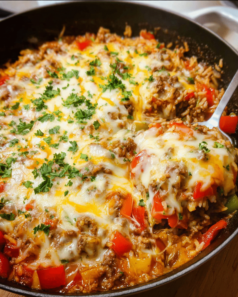 Stuffed Bell Pepper Skillet with ground beef, rice, and melted cheese