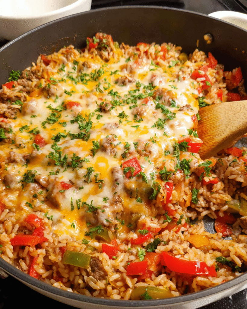 Stuffed pepper skillet with ground beef, rice, and melted cheese in a cast iron pan