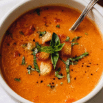 Creamy tomato basil soup served with fresh basil and parmesan
