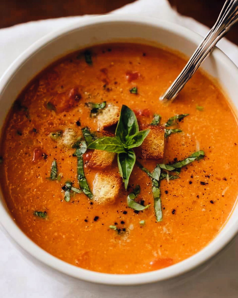 Creamy tomato basil soup served with fresh basil and parmesan