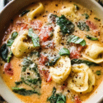 Bowl of creamy tortellini soup with spinach and parmesan