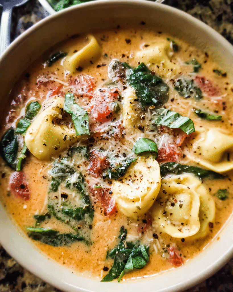 Bowl of creamy tortellini soup with spinach and parmesan