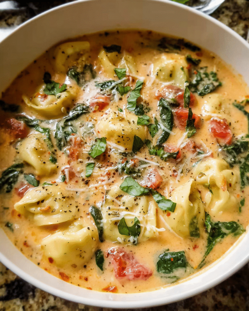 Bowl of creamy tortellini soup with spinach and parmesan