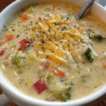 Creamy vegetable chowder soup with broccoli, cauliflower, and cheddar in a bowl