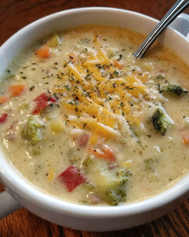 Creamy vegetable chowder soup with broccoli, cauliflower, and cheddar in a bowl