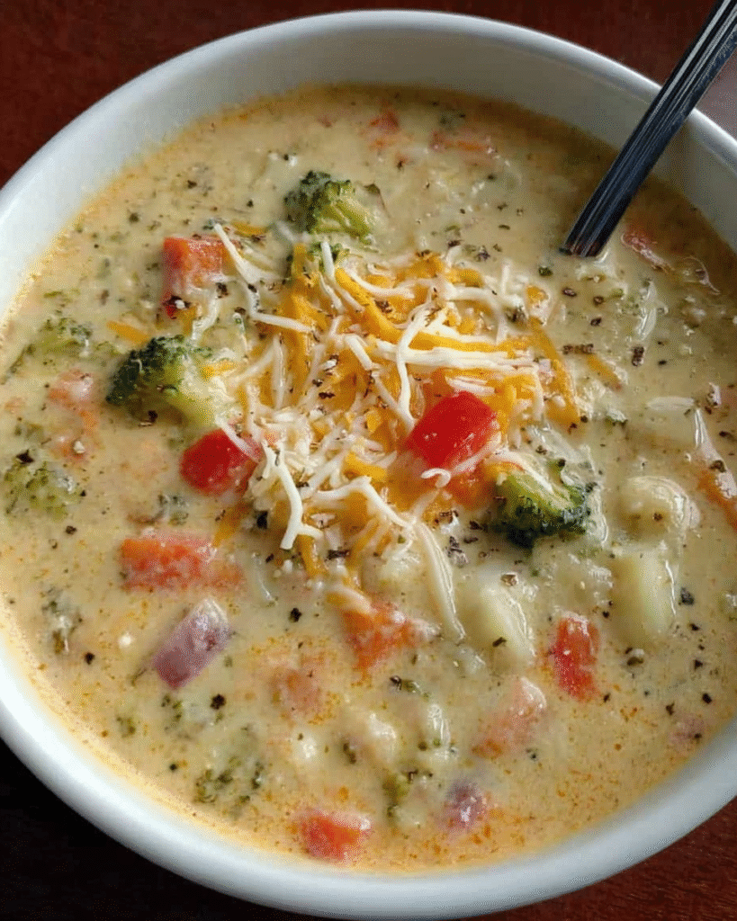 Creamy vegetable chowder soup with broccoli, cauliflower, and cheddar in a bowl