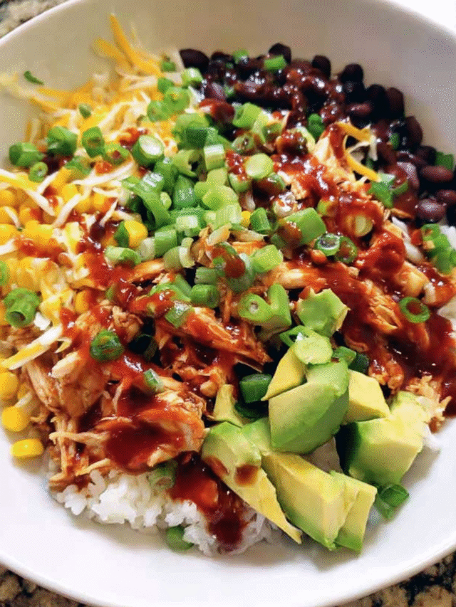 BBQ Chicken Burrito Bowl with rice, beans, and toppings