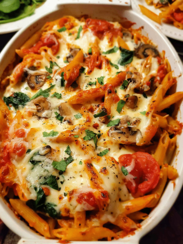 Baked pasta with mozzarella fresh from the oven with melted golden cheese