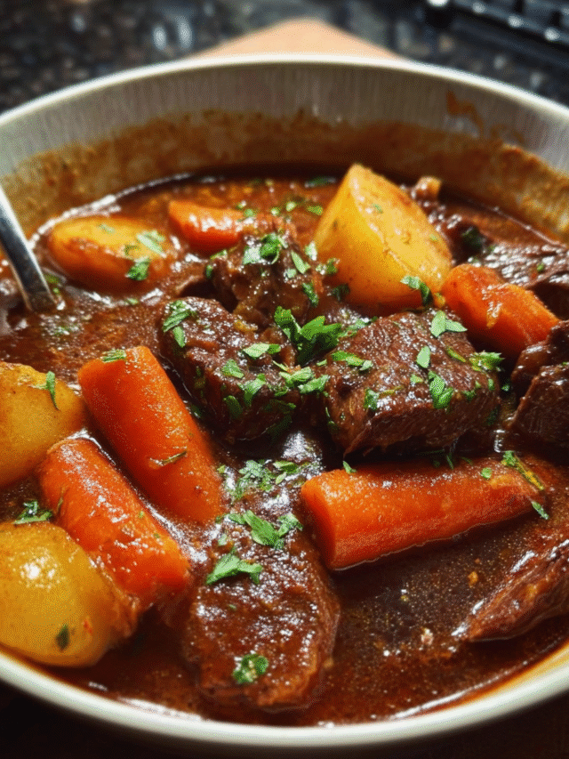 Beef and carrot stew with tender beef, carrots, and potatoes in a Dutch oven