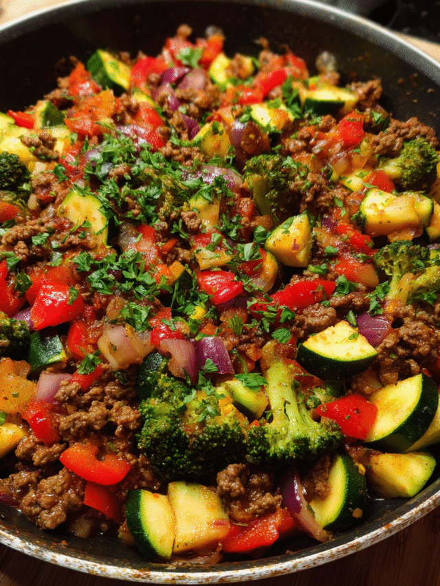 Beef and Vegetable Skillet with zucchini, broccoli, and bell peppers in a pan