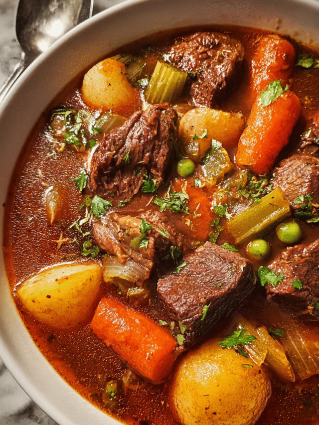 Beef stew soup with tender meat, potatoes, and carrots in bowl
