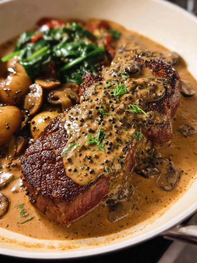 Juicy steak topped with creamy black pepper sauce in skillet