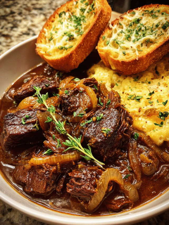 Braised Beef with Onions topped with melted Gruyère and toasted baguette slices