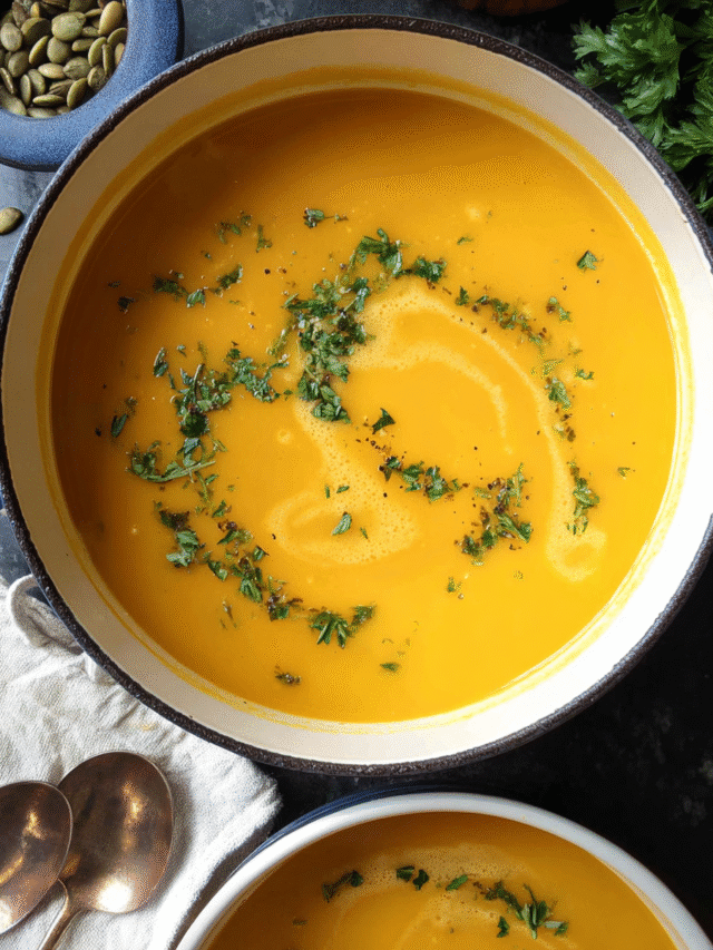 Bowl of creamy butternut squash soup topped with pumpkin seeds and parsley