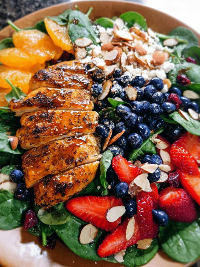 Chicken Spinach Salad with berries, feta, and balsamic dressing