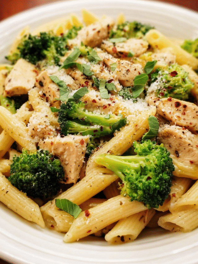 Chicken and Broccoli Pasta with lemon butter sauce in a white bowl