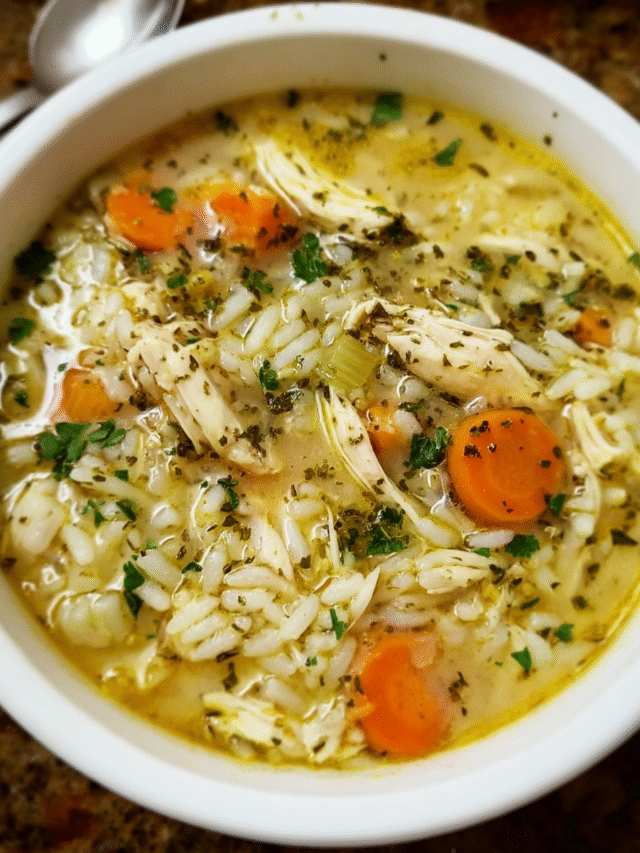 Homemade chicken and rice soup in a white bowl with parsley garnish