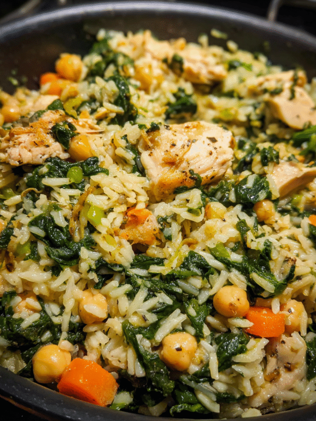 Chicken and spinach rice served in a skillet with fresh greens
