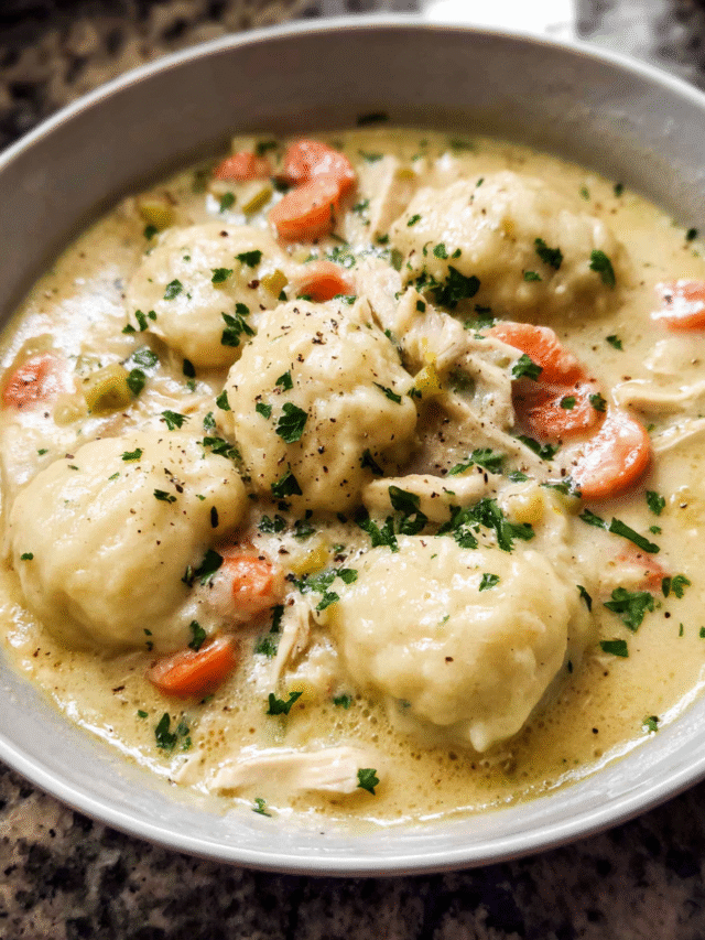 Creamy chicken and dumplings in a large pot with parsley garnish