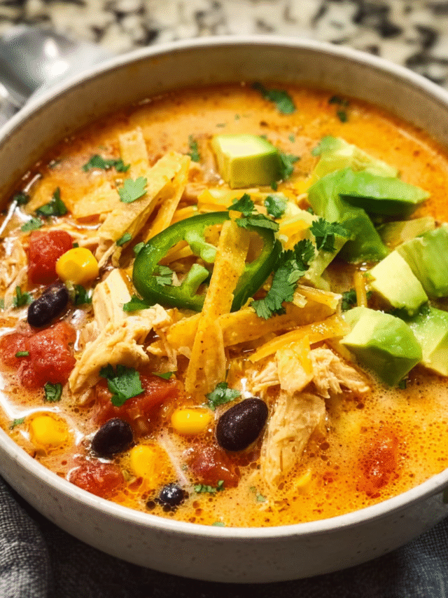 Bowl of creamy chicken tortilla soup with toppings