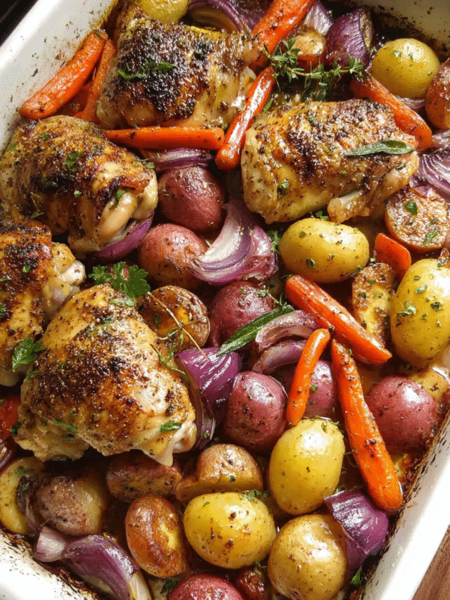 Golden chicken with roasted vegetables in baking dish