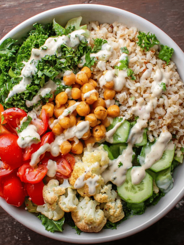 Chickpea Vegetable Rice Bowl with brown rice, fresh vegetables, and cashew dressing