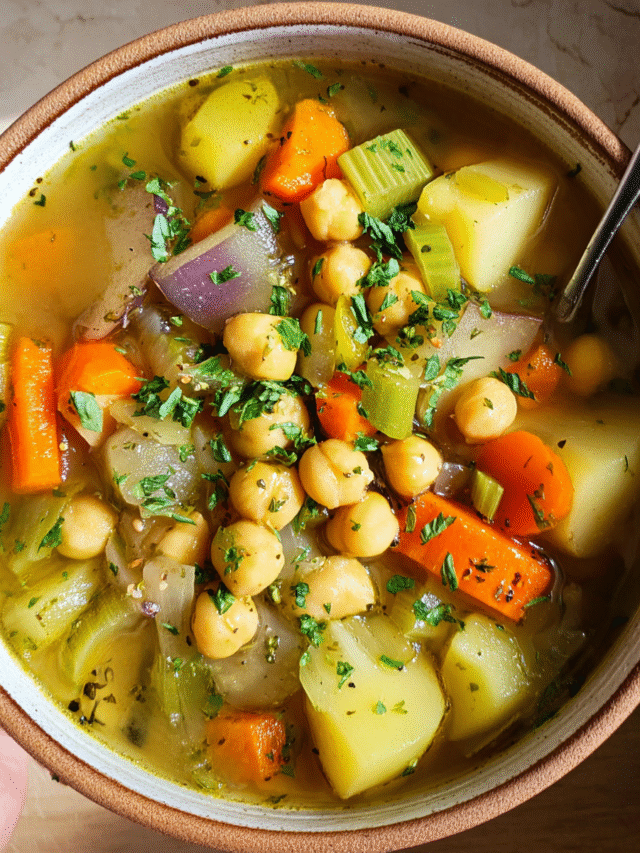 Bowl of chickpea vegetable soup with potatoes and carrots