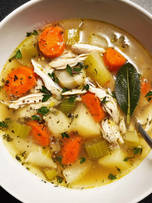 Classic chicken soup with carrots, leeks, and shredded chicken in bowl
