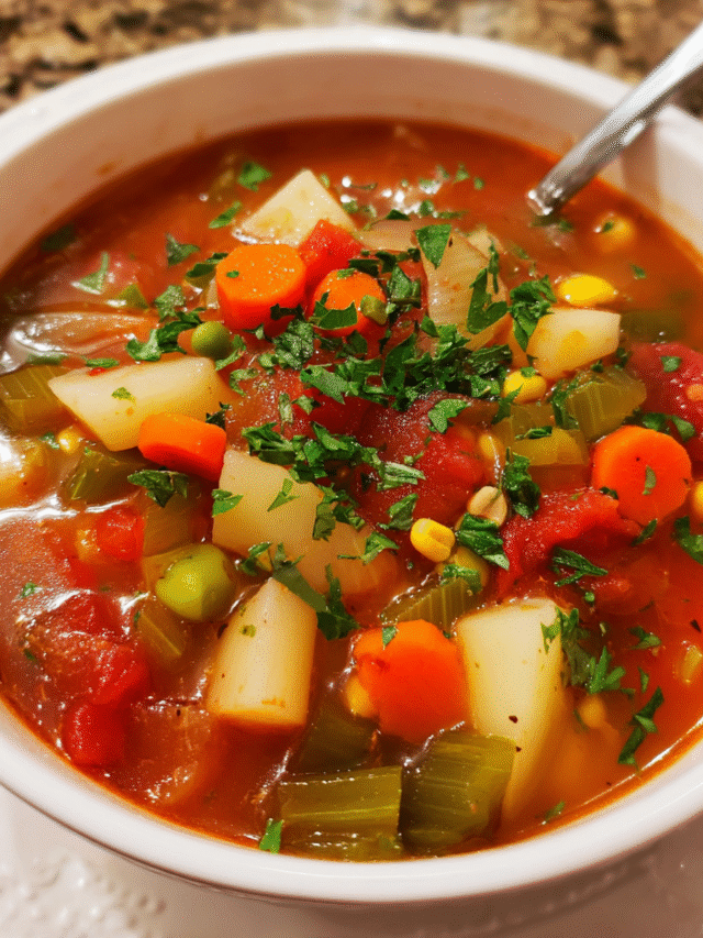 Classic vegetable soup in a bowl with carrots, potatoes, and peas