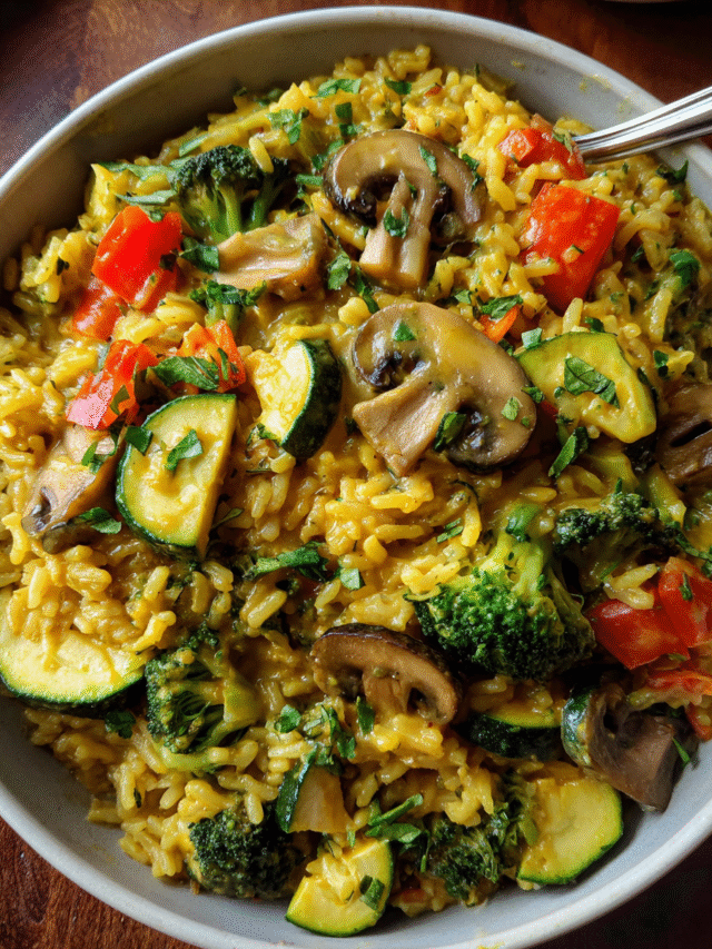 Creamy coconut vegetable rice with broccoli, bell pepper, and mushrooms