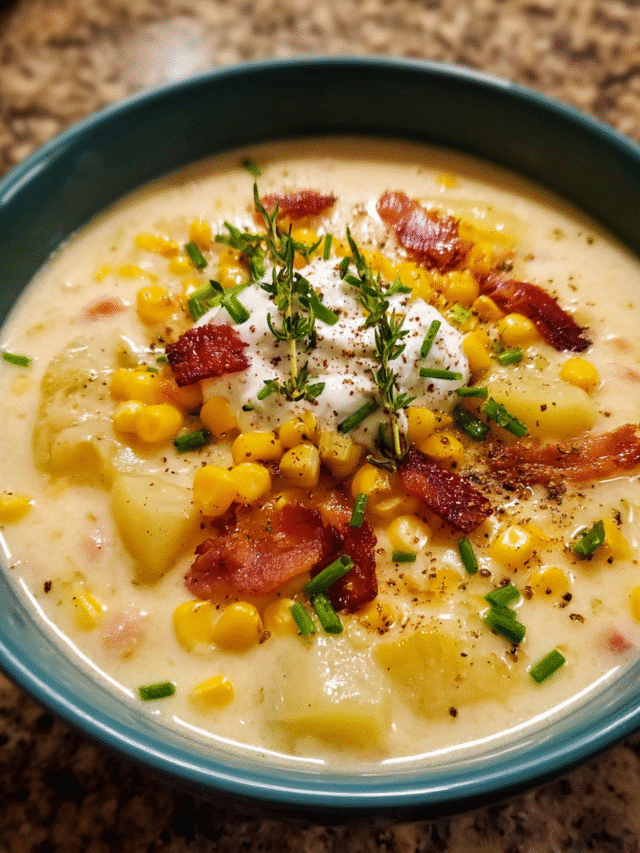 Creamy corn chowder with bacon, potatoes, and green onions in a bowl