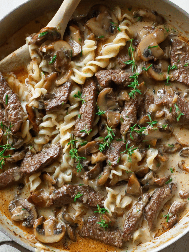 Creamy Beef and Mushroom Skillet with tender sirloin and mushrooms in dairy-free sauce