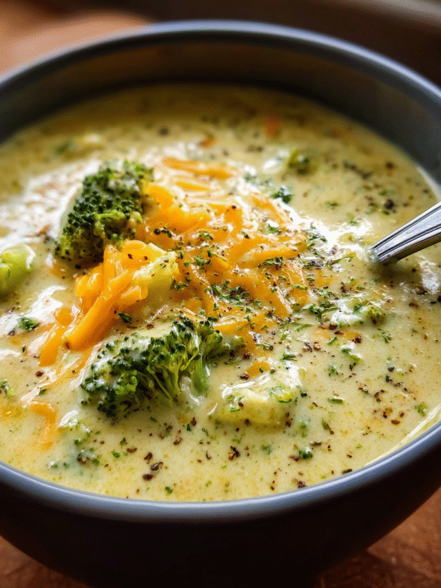 Creamy Broccoli Soup in a white bowl topped with shredded cheddar