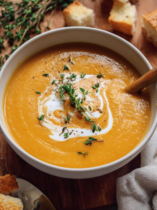 Creamy carrot soup in a white bowl garnished with thyme and cream drizzle