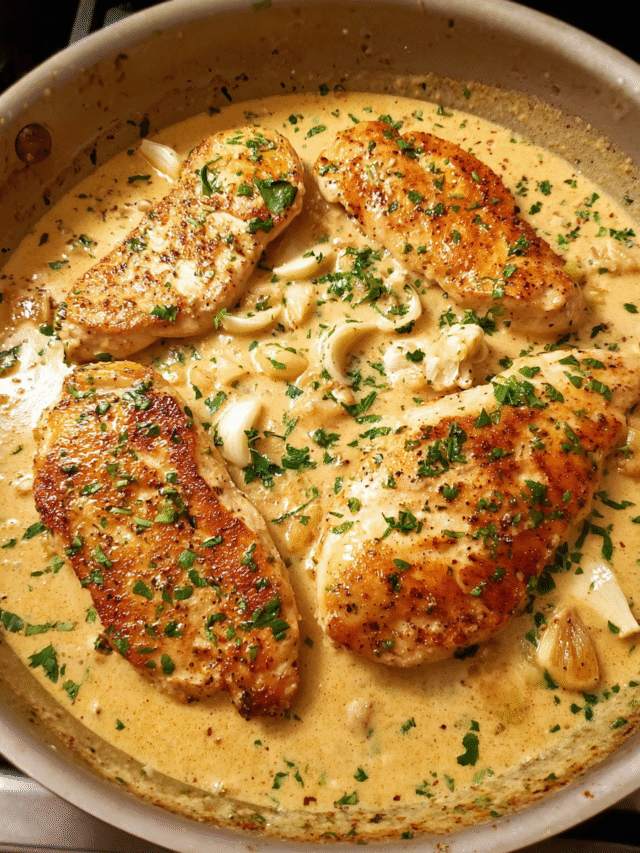Creamy Chicken Skillet with garlic cream sauce in a pan