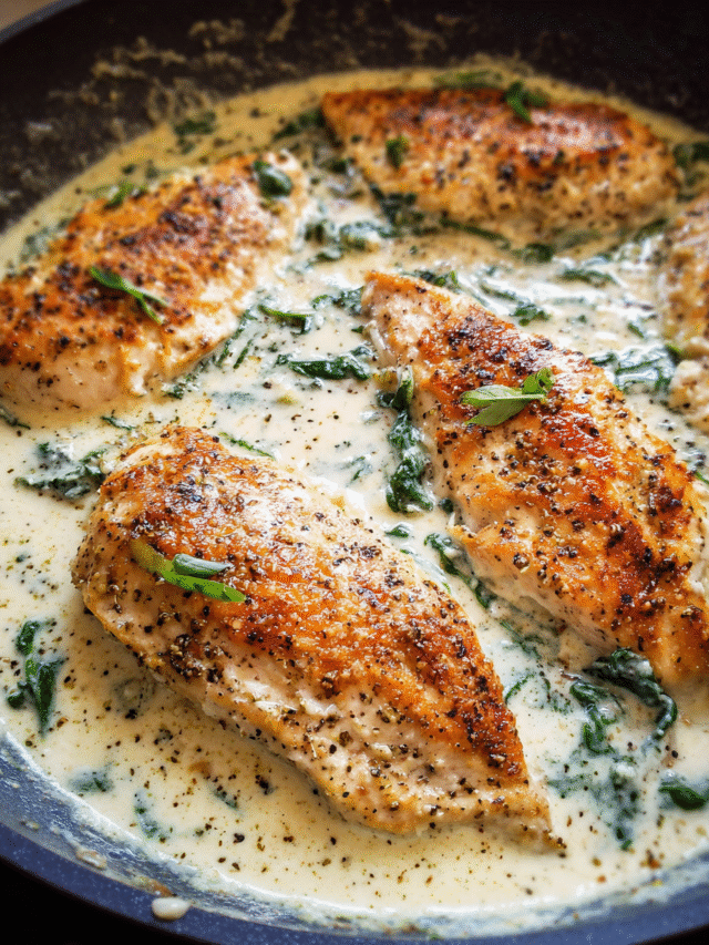 Creamy Parmesan Chicken Breast in skillet with spinach