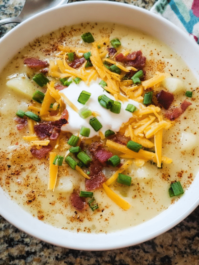 Creamy potato soup topped with cheddar cheese and chives in a white bowl