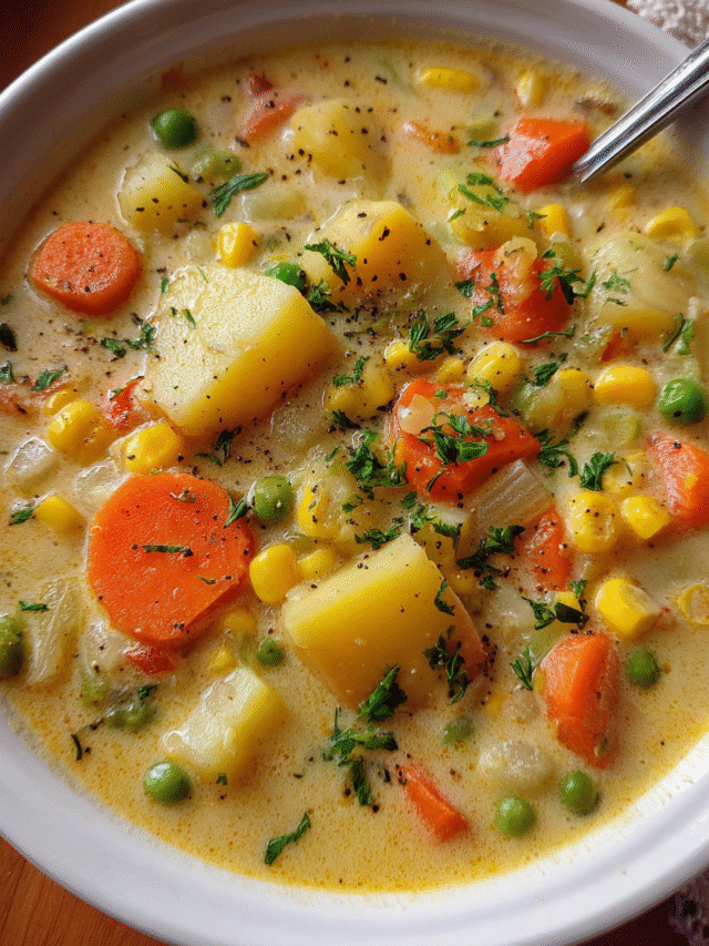 Creamy vegetable soup in a white bowl topped with fresh parsley