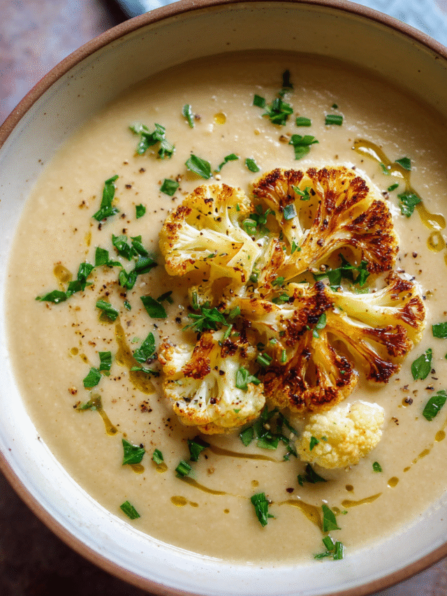 Creamy cauliflower soup in a bowl topped with roasted florets and fresh herbs