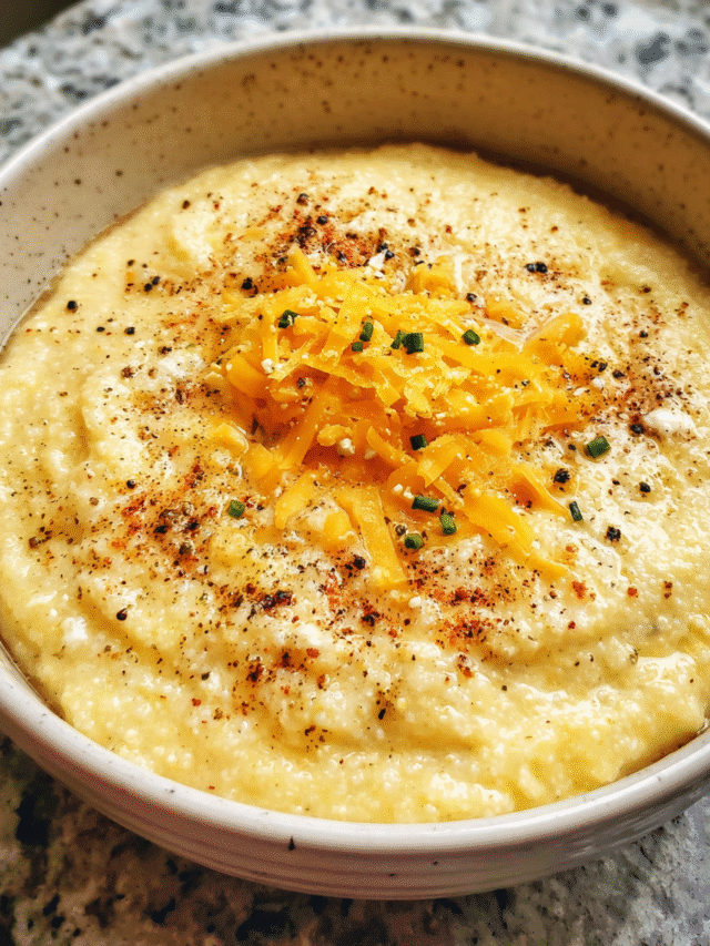 Creamy cheesy grits served warm in a white bowl with melted cheddar and black pepper