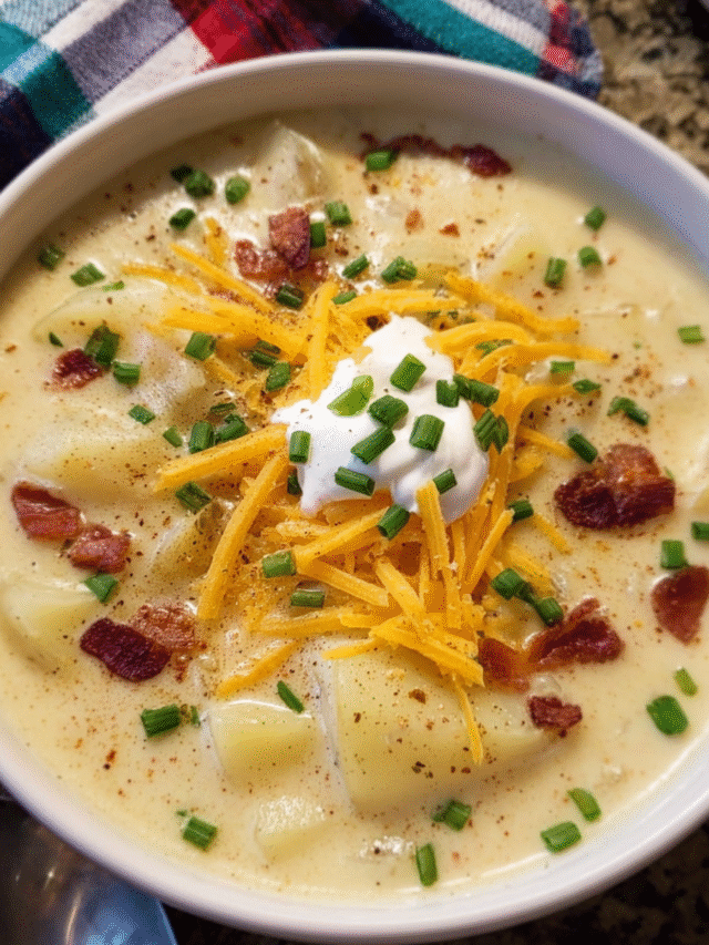 Bowl of creamy potato soup with toppings like cheddar and chives