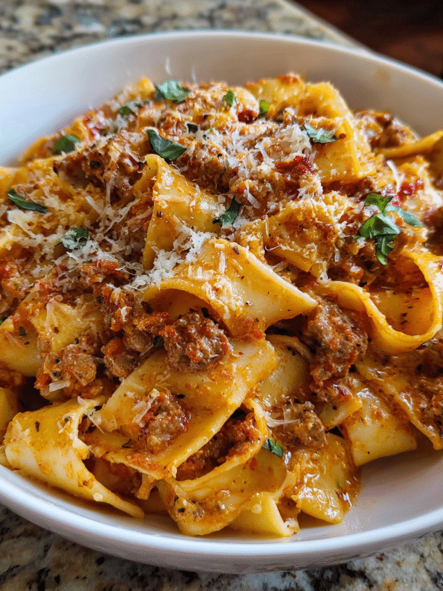 Creamy sausage pasta with chicken sausage and Parmesan in skillet