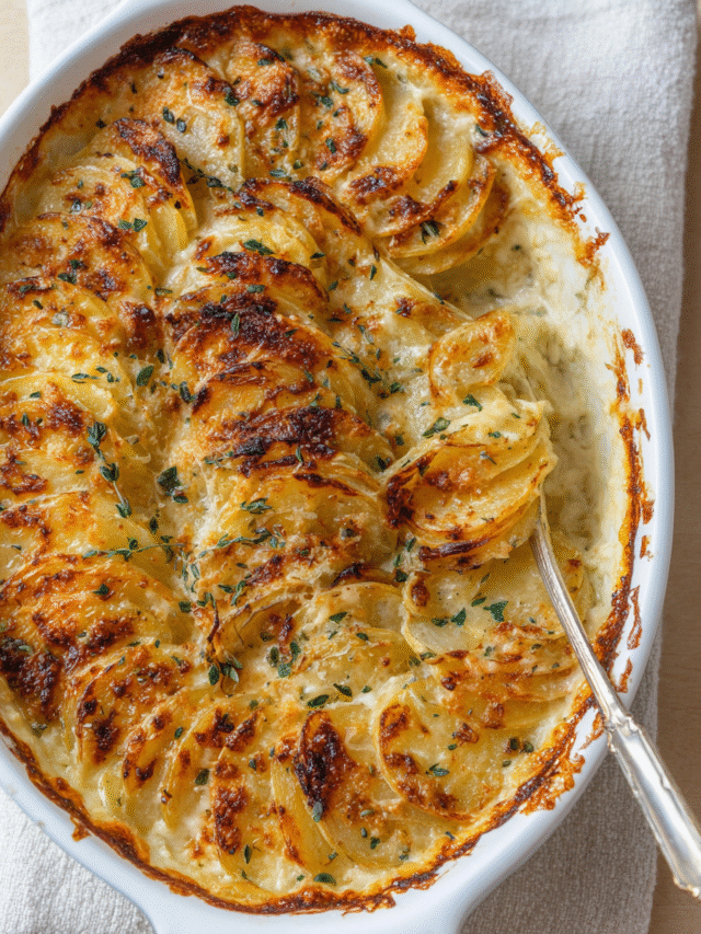 Creamy scalloped potatoes baked golden in a casserole dish