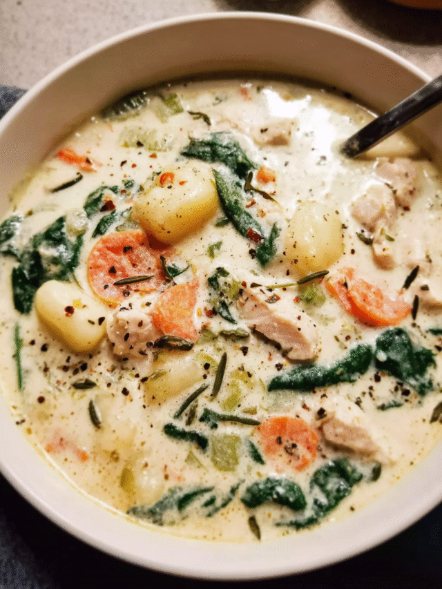 Bowl of creamy crockpot chicken soup with gnocchi and spinach