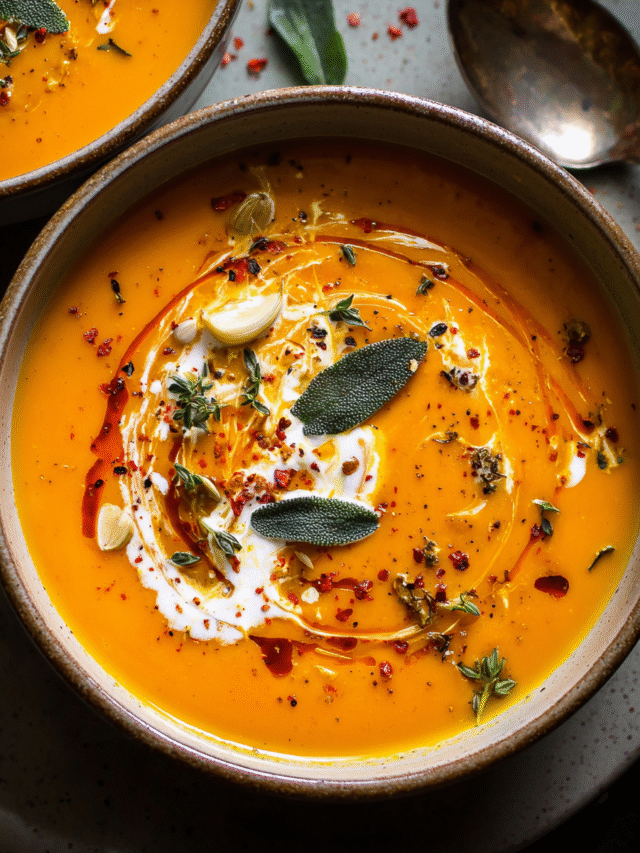 Creamy fall harvest soup with roasted squash and sage garnish in bowl
