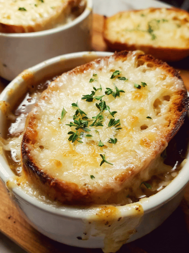 French onion soup with melted Gruyère cheese and toasted bread
